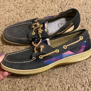 Sperry topsider loafers, navy leather and plaid. Great condition. Size 8